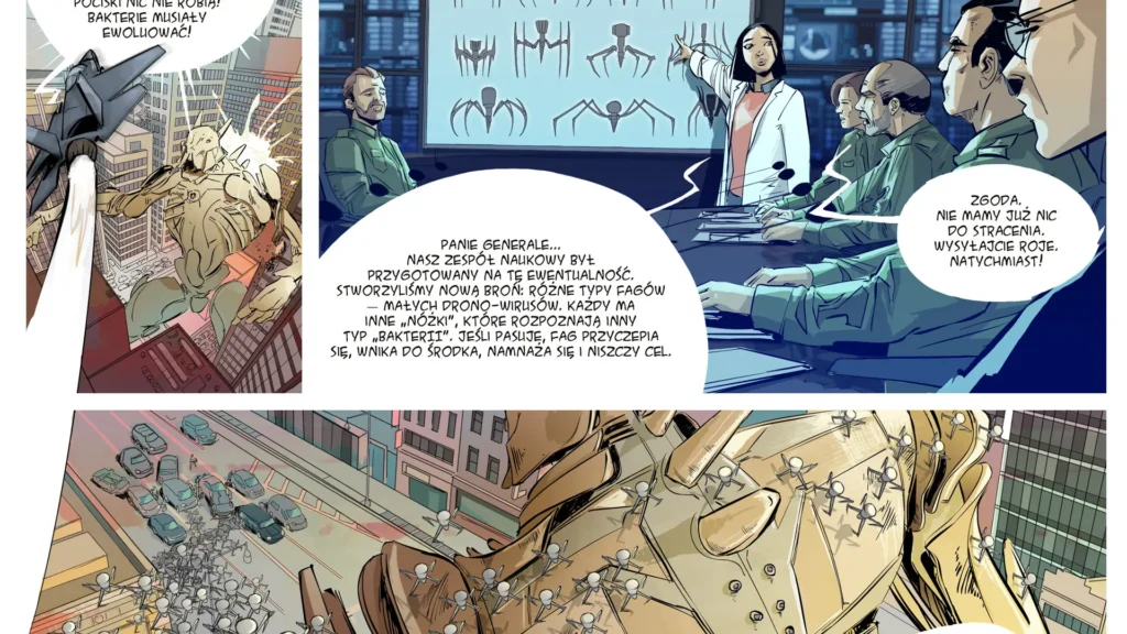 Komiks science fiction autorstwa Pawła Piechnika przedstawiający bakteriofagi – wirusy infekujące bakterie – inspirowany badaniami naukowymi nad ich mechanizmami działania i potencjalnym zastosowaniem w terapii zakażeń.