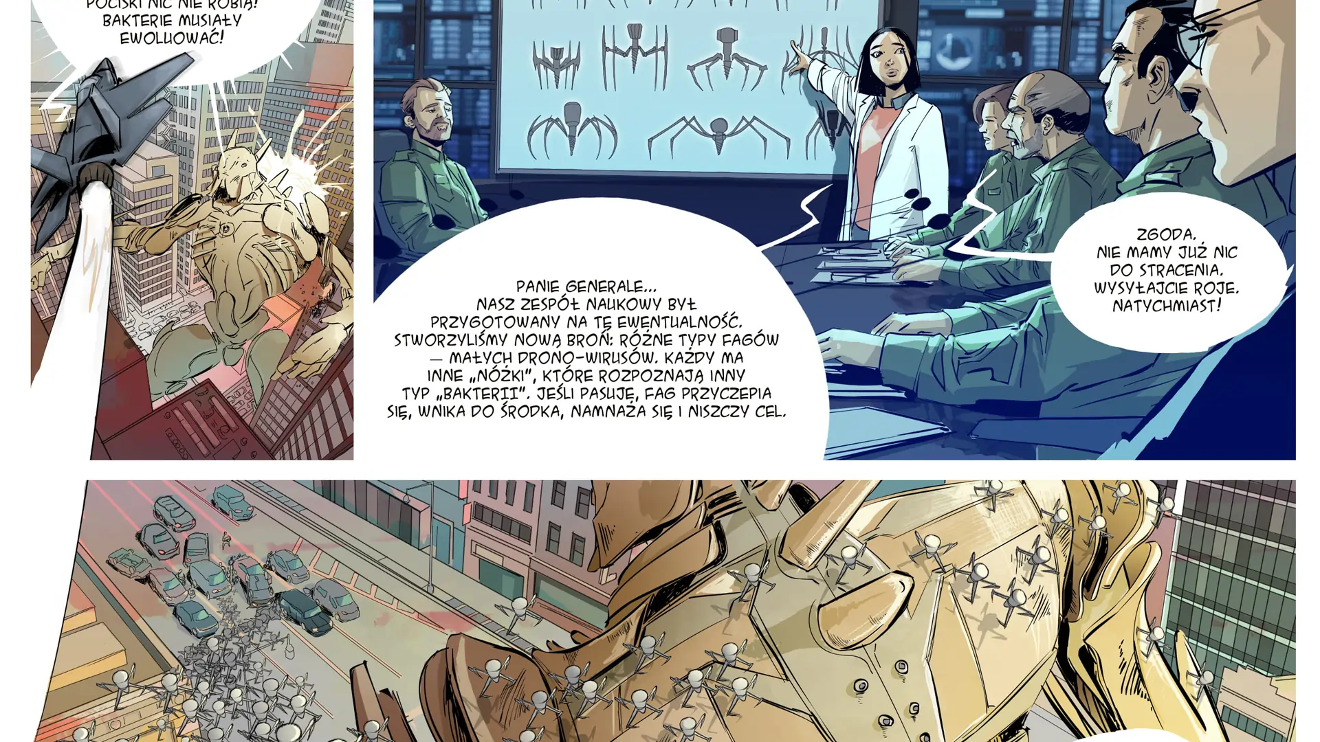 Komiks science fiction autorstwa Pawła Piechnika przedstawiający bakteriofagi – wirusy infekujące bakterie – inspirowany badaniami naukowymi nad ich mechanizmami działania i potencjalnym zastosowaniem w terapii zakażeń.